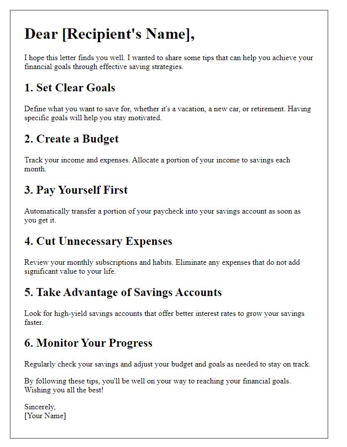 Letter template of saving tips for achieving financial goals.