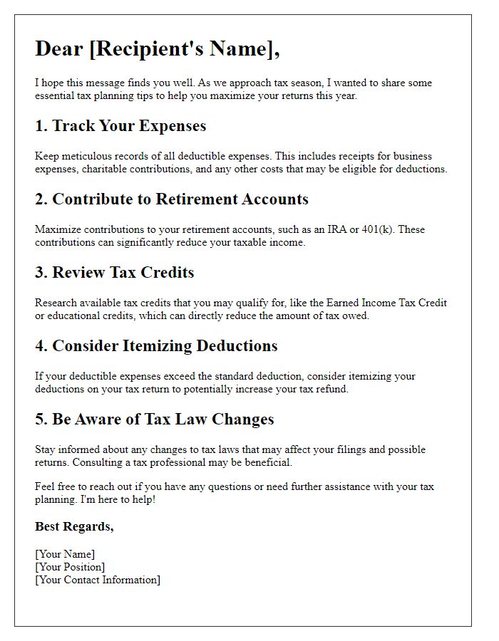 Letter template of tax planning tips for maximizing returns.