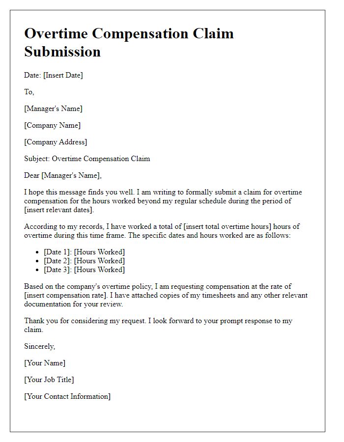 Letter template of overtime compensation claim submission.