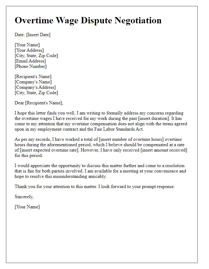 Letter template of overtime wage dispute negotiation.