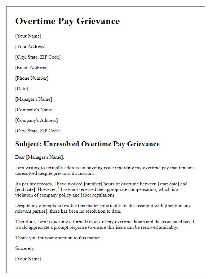 Letter template of unresolved overtime pay grievance.