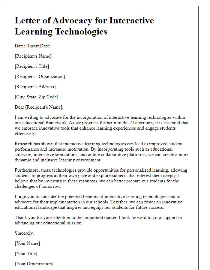 Letter template of advocacy for interactive learning technologies