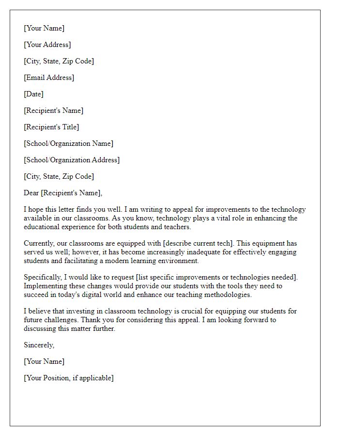 Letter template of appeal for classroom tech improvements