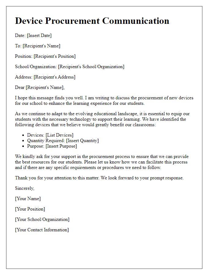 Letter template of communication for device procurement in schools