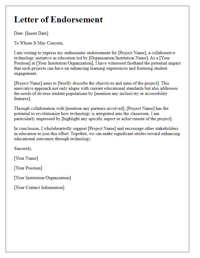 Letter template of endorsement for collaborative tech projects in education