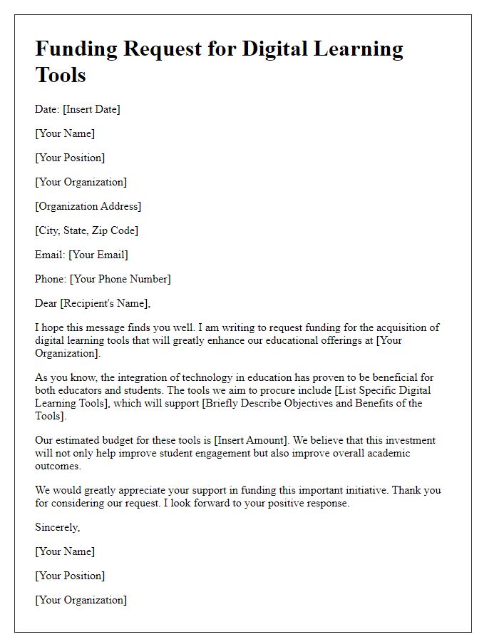 Letter template of funding request for digital learning tools