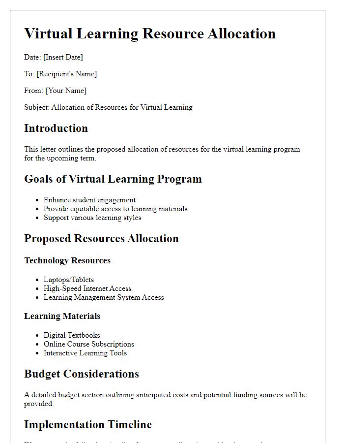 Letter template of outline for virtual learning resource allocation