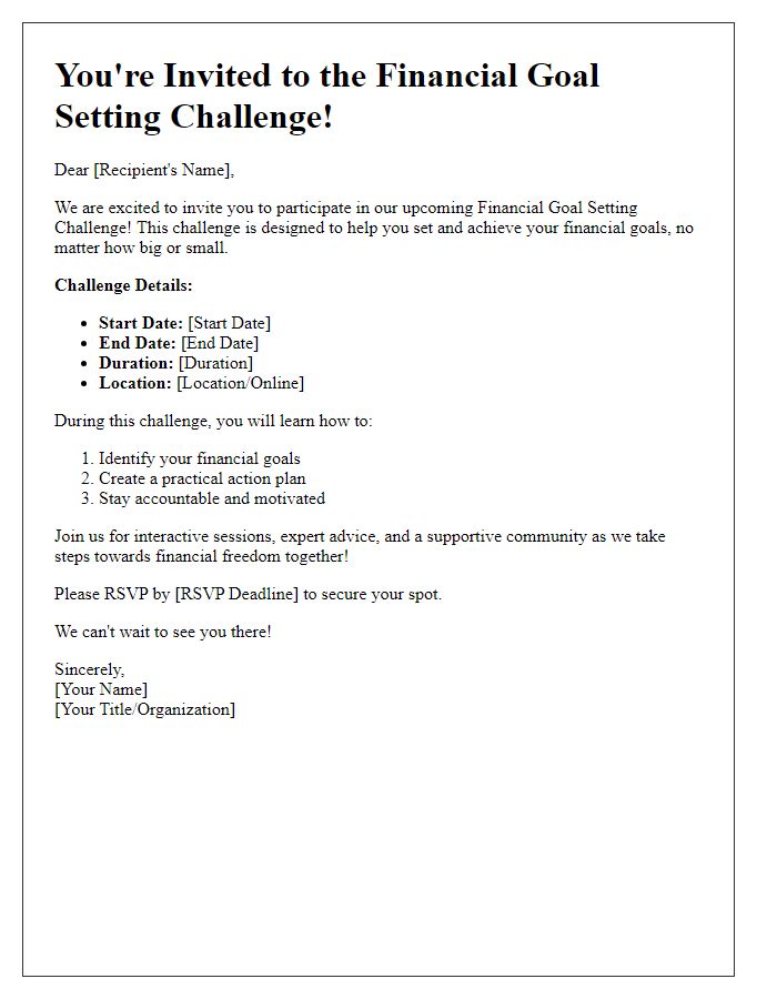 Letter template of financial goal setting challenge invitation