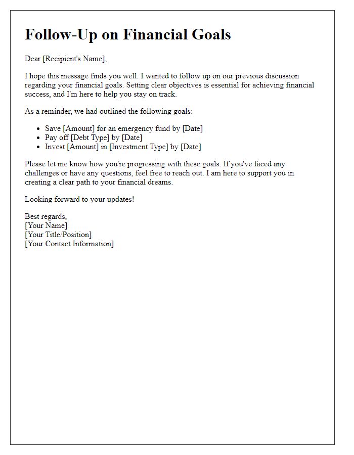 Letter template of financial goal setting follow-up