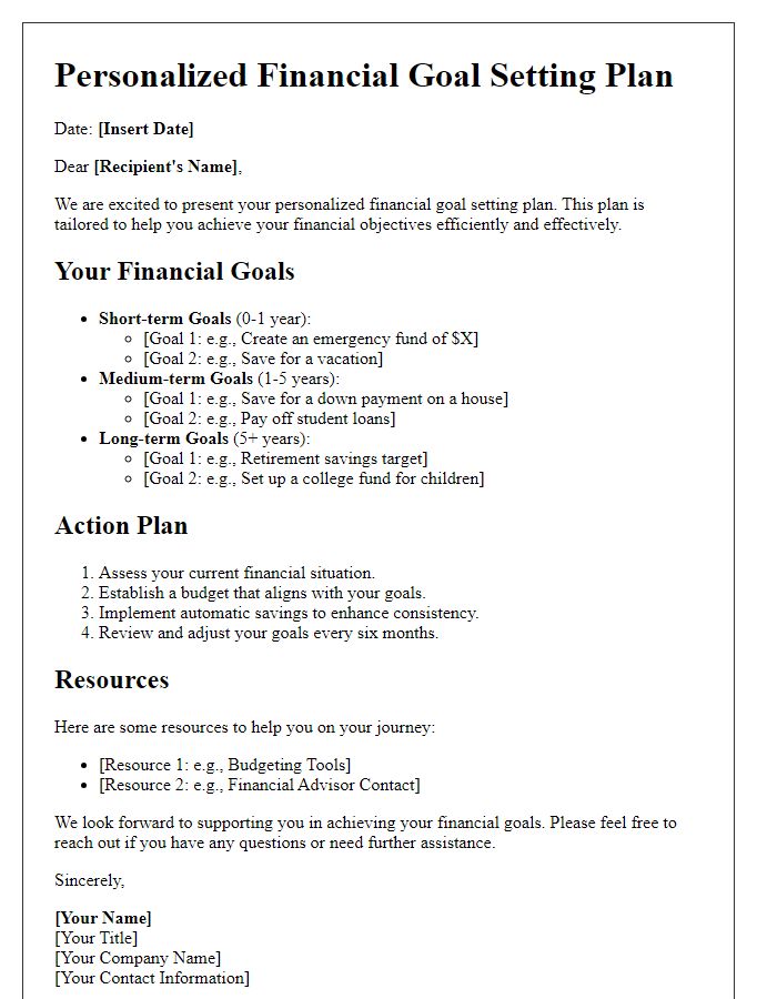 Letter template of financial goal setting personalized plan