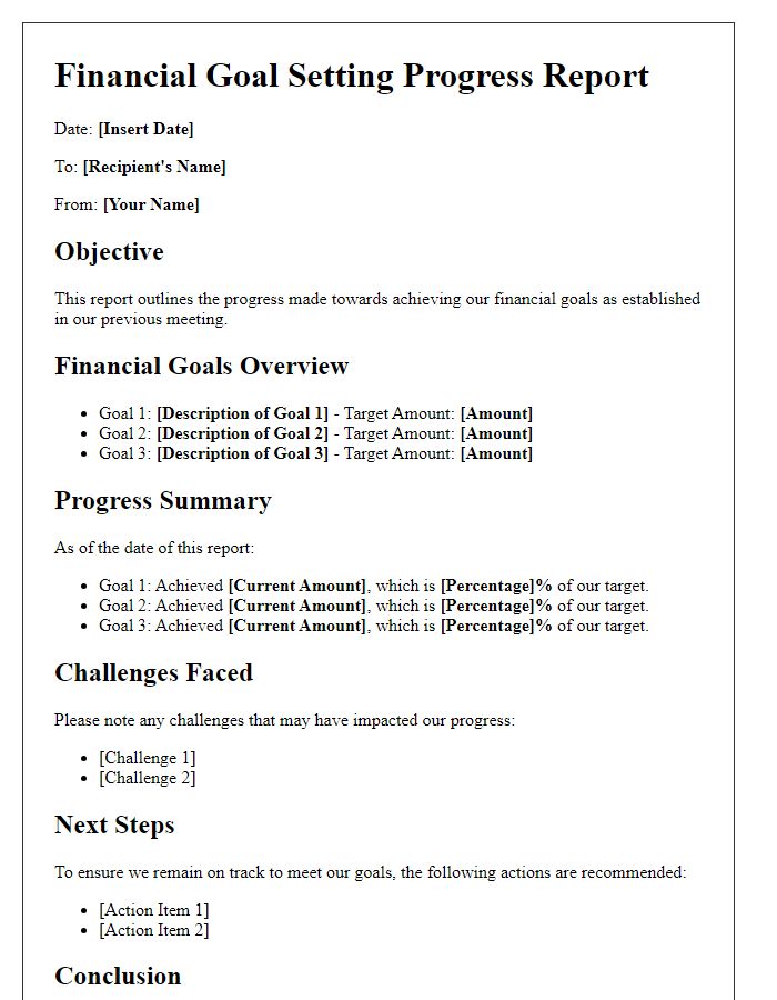 Letter template of financial goal setting progress report