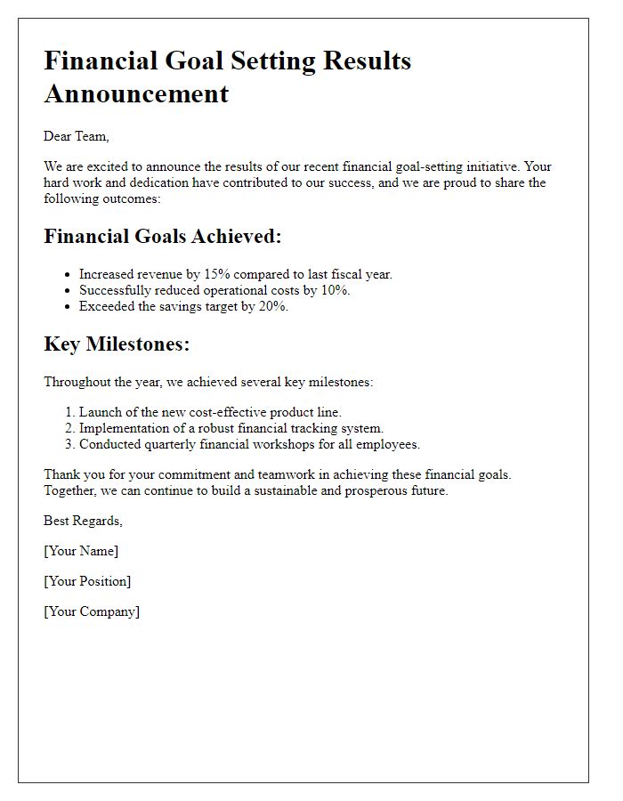 Letter template of financial goal setting results announcement