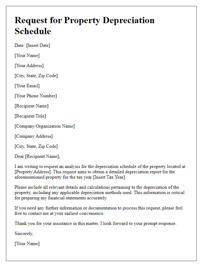 Letter template of analysis request for property depreciation schedule