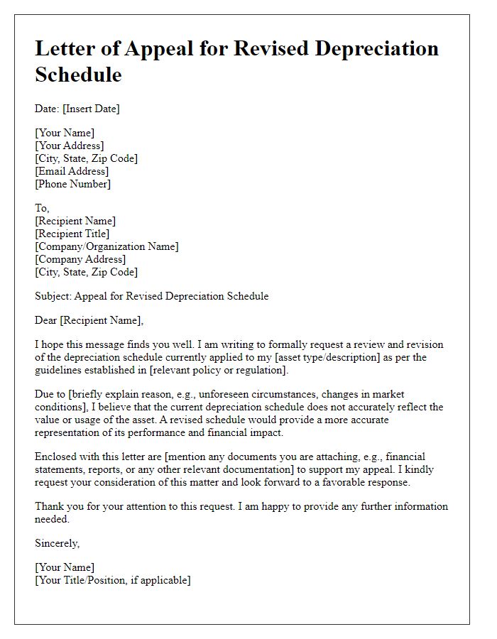 Letter template of appeal for revised depreciation schedule