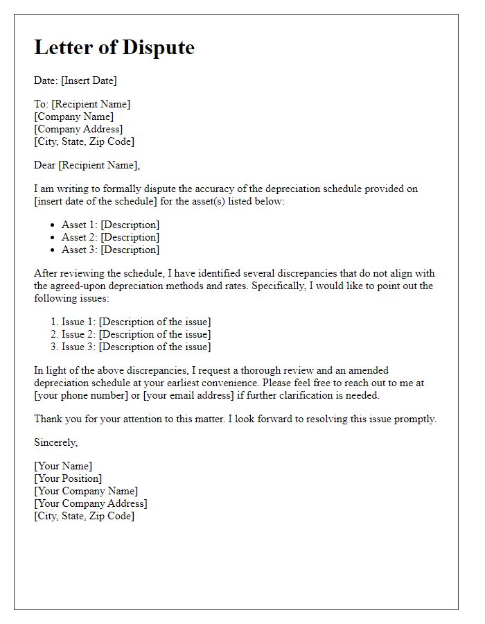 Letter template of dispute over depreciation schedule accuracy