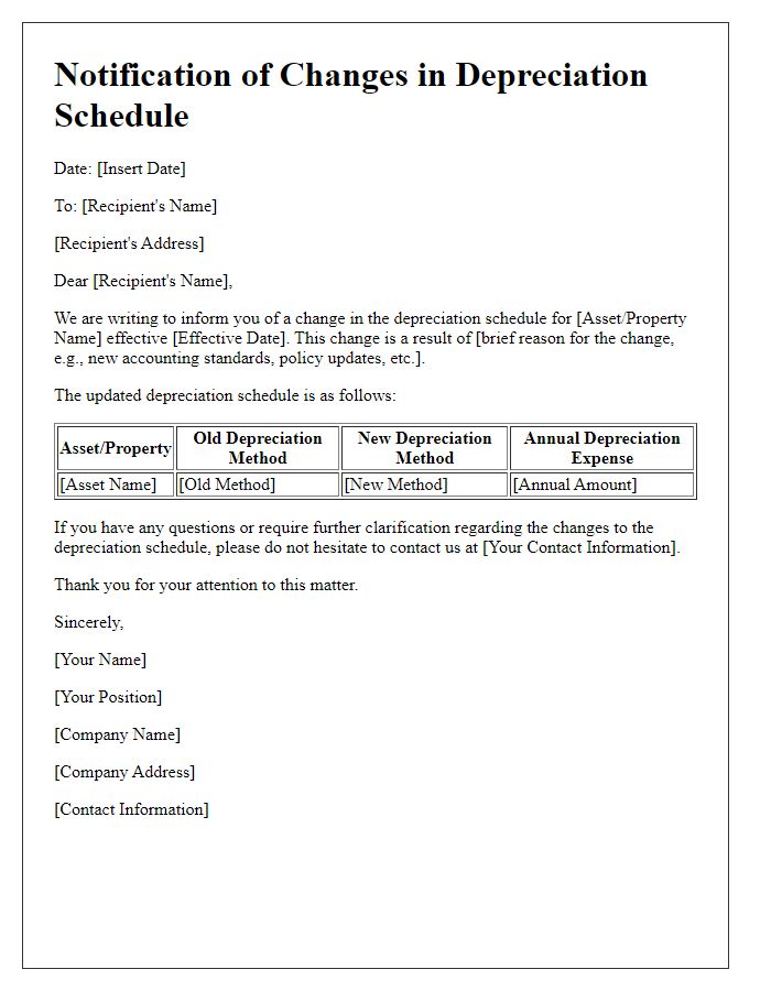 Letter template of notification for changes in depreciation schedule