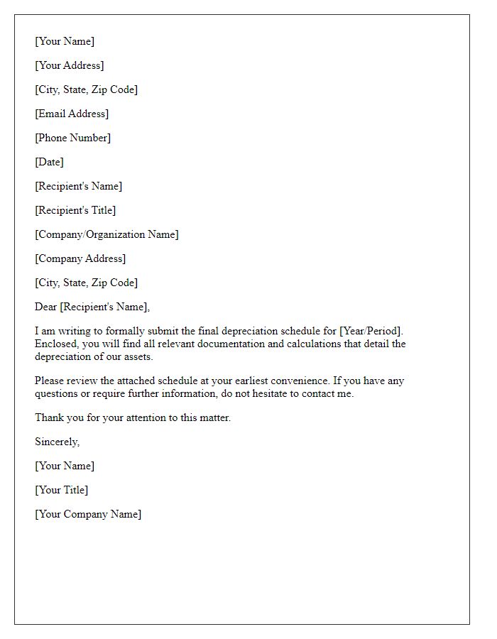 Letter template of submission for final depreciation schedule