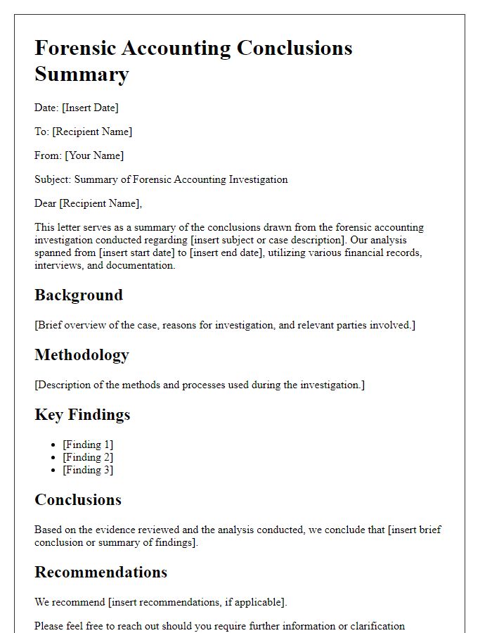 Letter template of forensic accounting conclusions summary