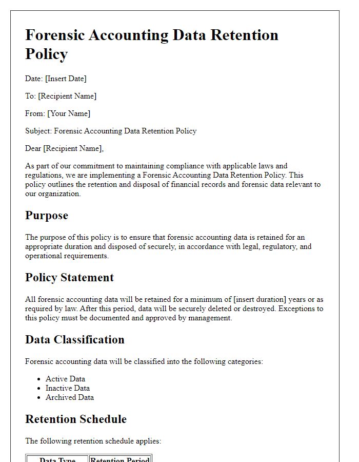 Letter template of forensic accounting data retention policy