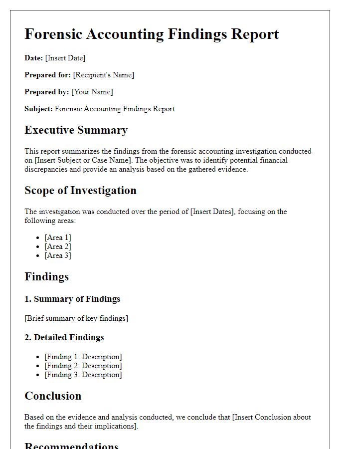 Letter template of forensic accounting findings report