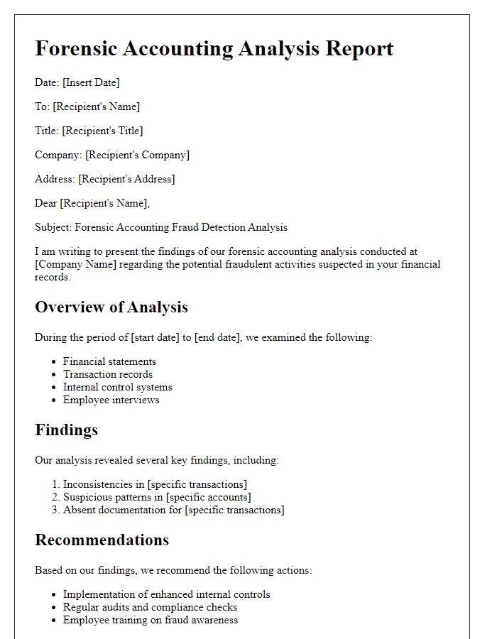 Letter template of forensic accounting fraud detection analysis