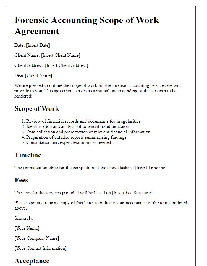 Letter template of forensic accounting scope of work agreement