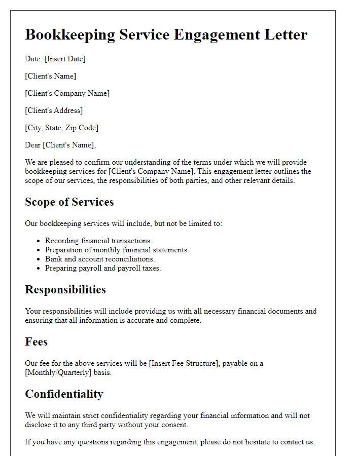 Letter template of bookkeeping service for corporate clients.