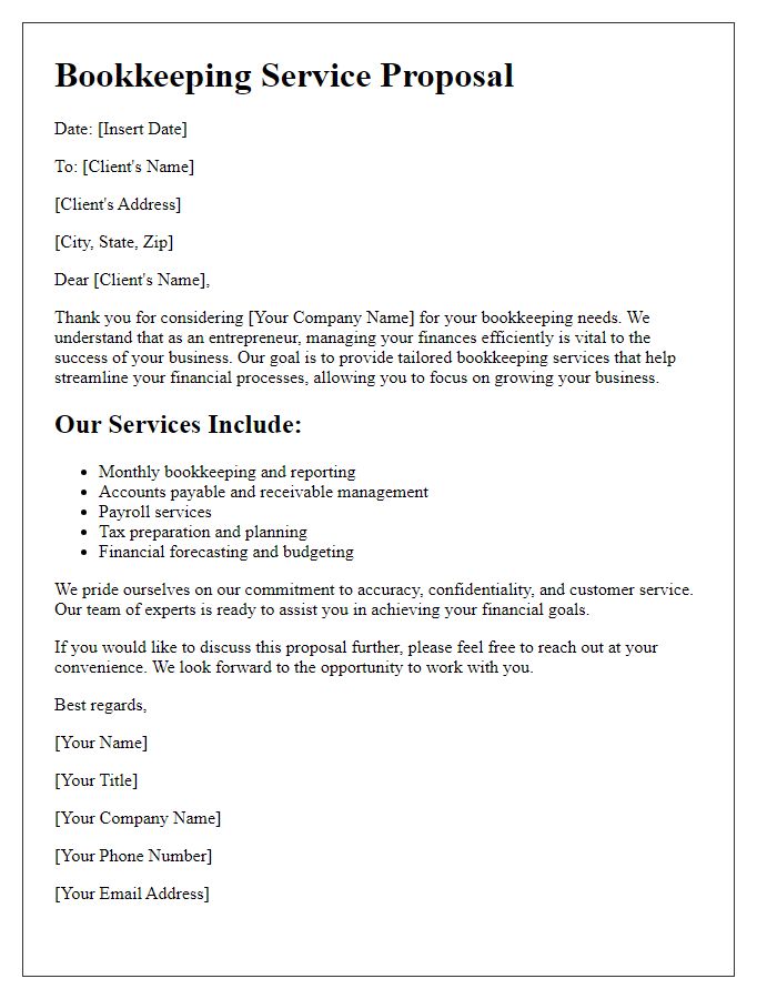 Letter template of bookkeeping service for entrepreneurs.