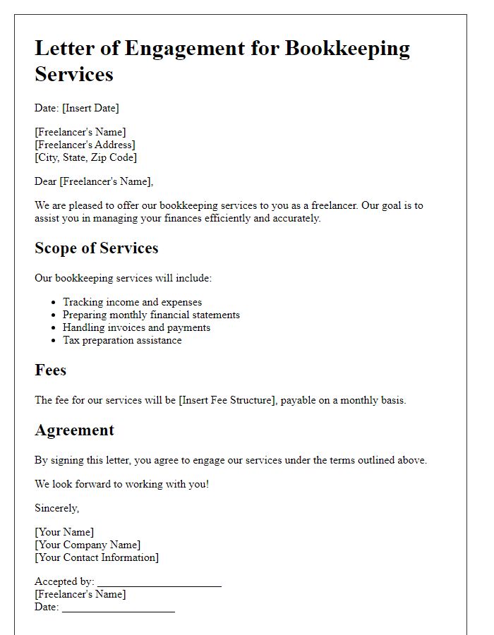 Letter template of bookkeeping service for freelancers.