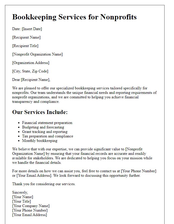 Letter template of bookkeeping service for nonprofits.