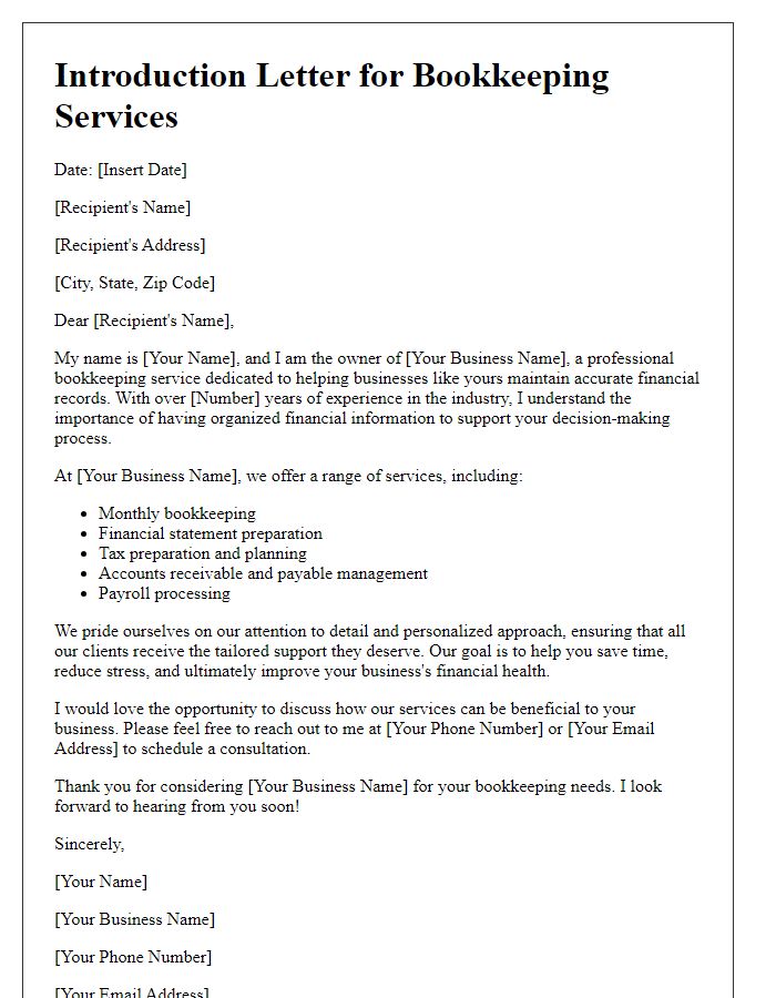 Letter template of bookkeeping service personal introduction.