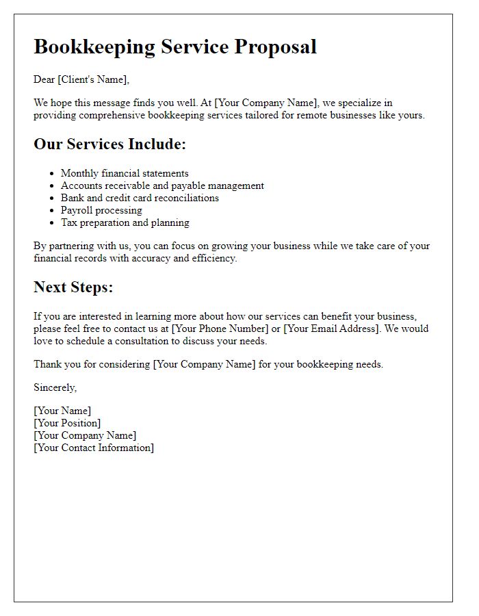 Letter template of bookkeeping service for remote businesses.