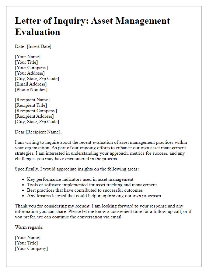 Letter template of asset management evaluation inquiry