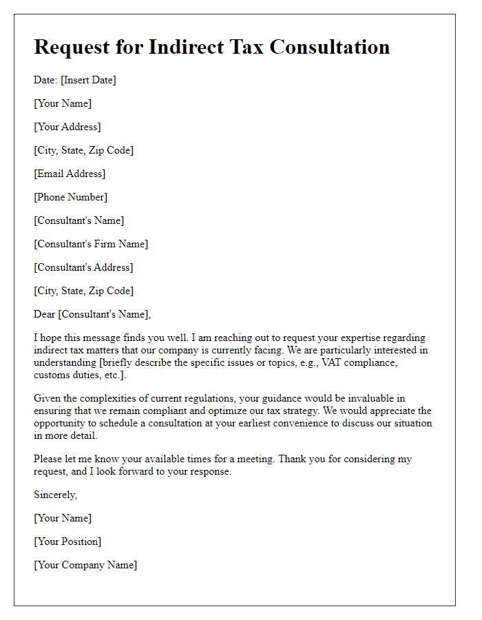 Letter template of indirect tax consultation request