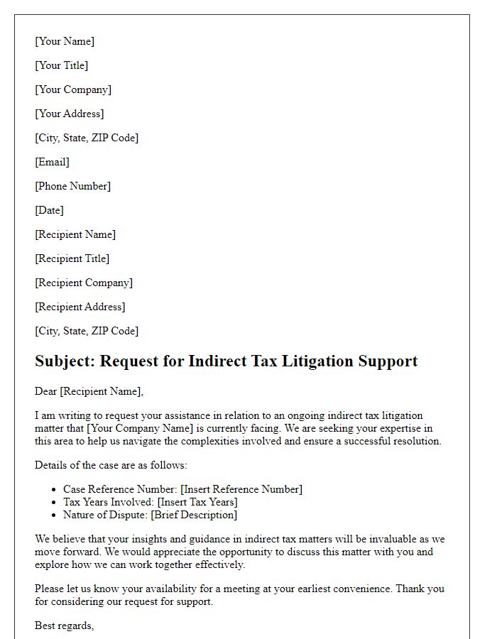 Letter template of indirect tax litigation support request