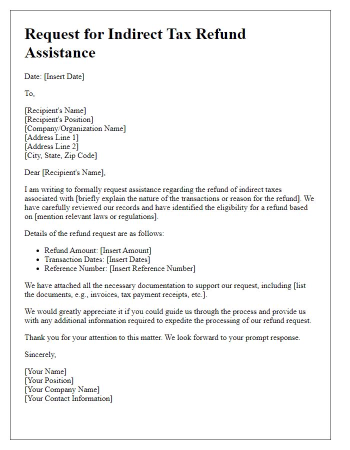 Letter template of indirect tax refund assistance request