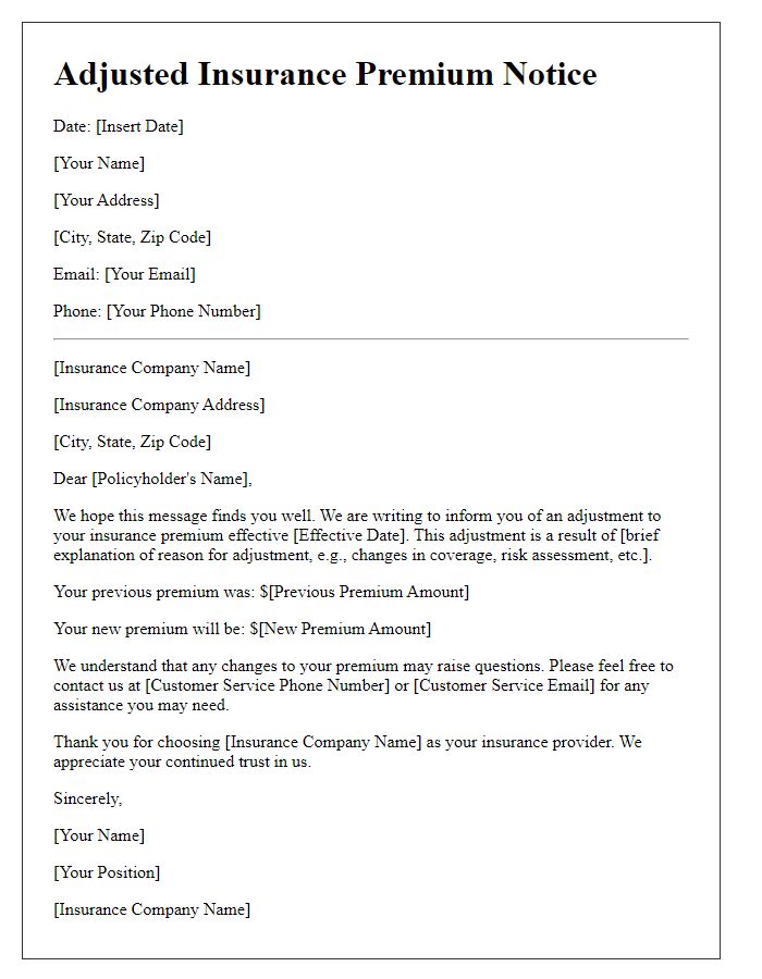 Letter template of adjusted insurance premium notice