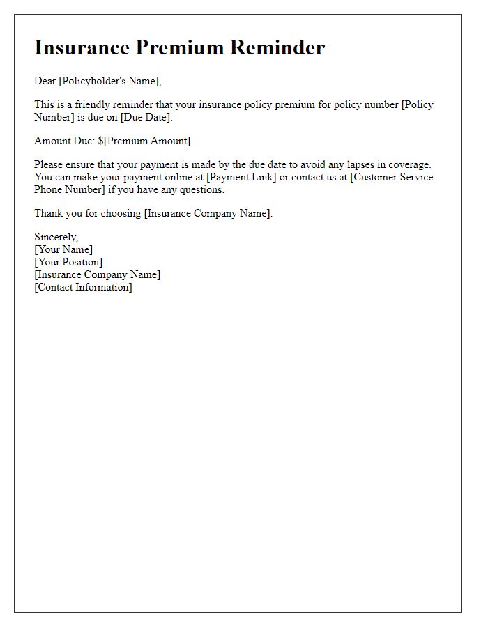 Letter template of insurance policy premium reminder notification