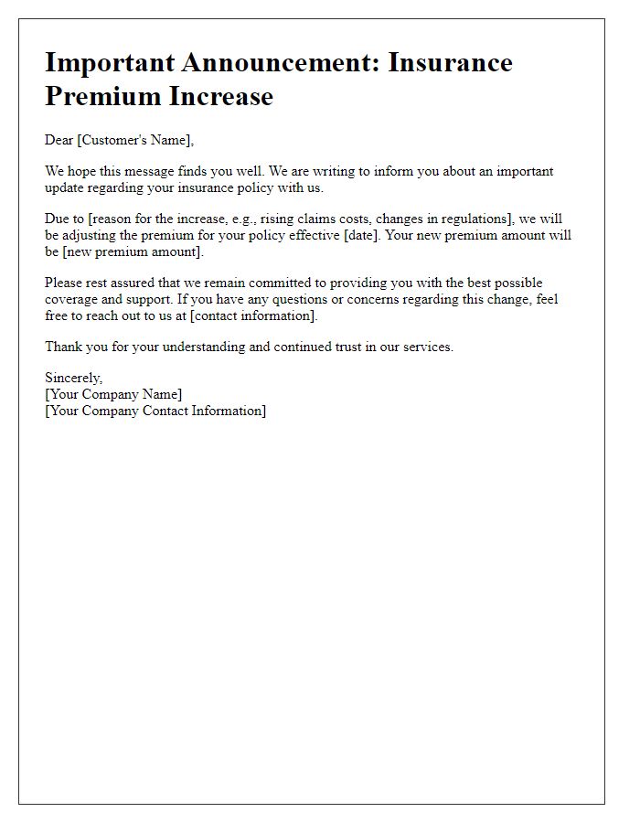 Letter template of insurance premium increase announcement