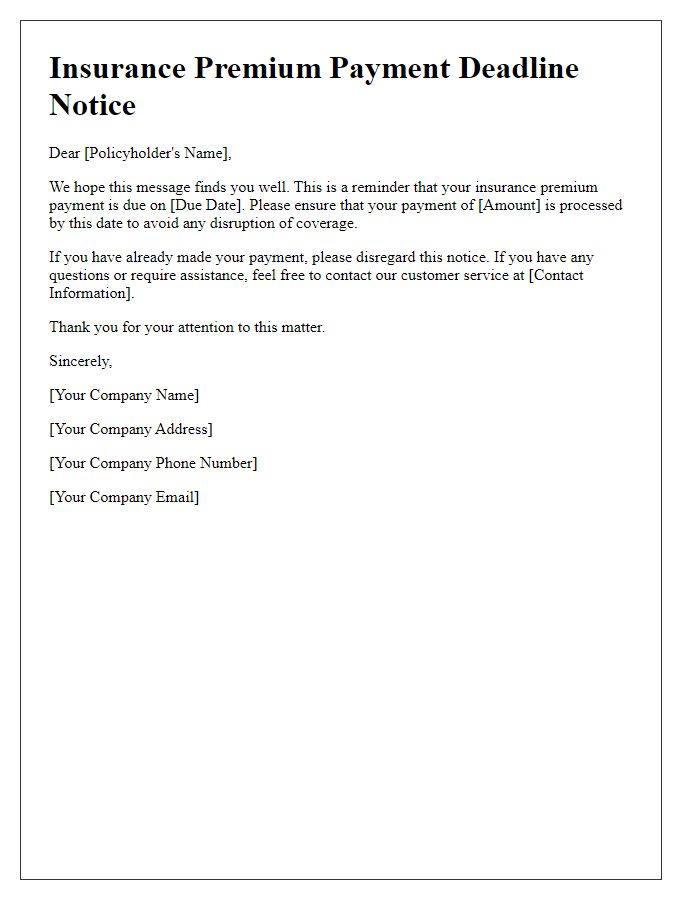 Letter template of insurance premium payment deadline notice