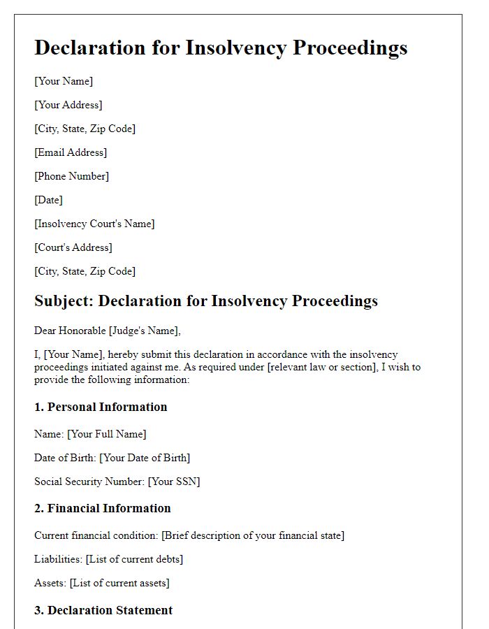 Letter template of declaration for insolvency proceedings