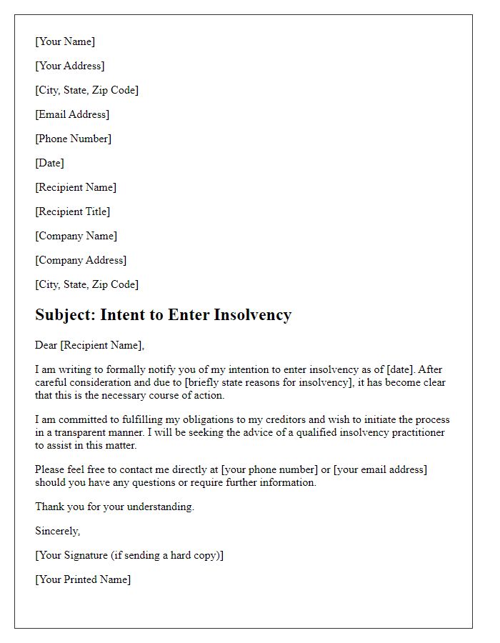 Letter template of intent to enter insolvency