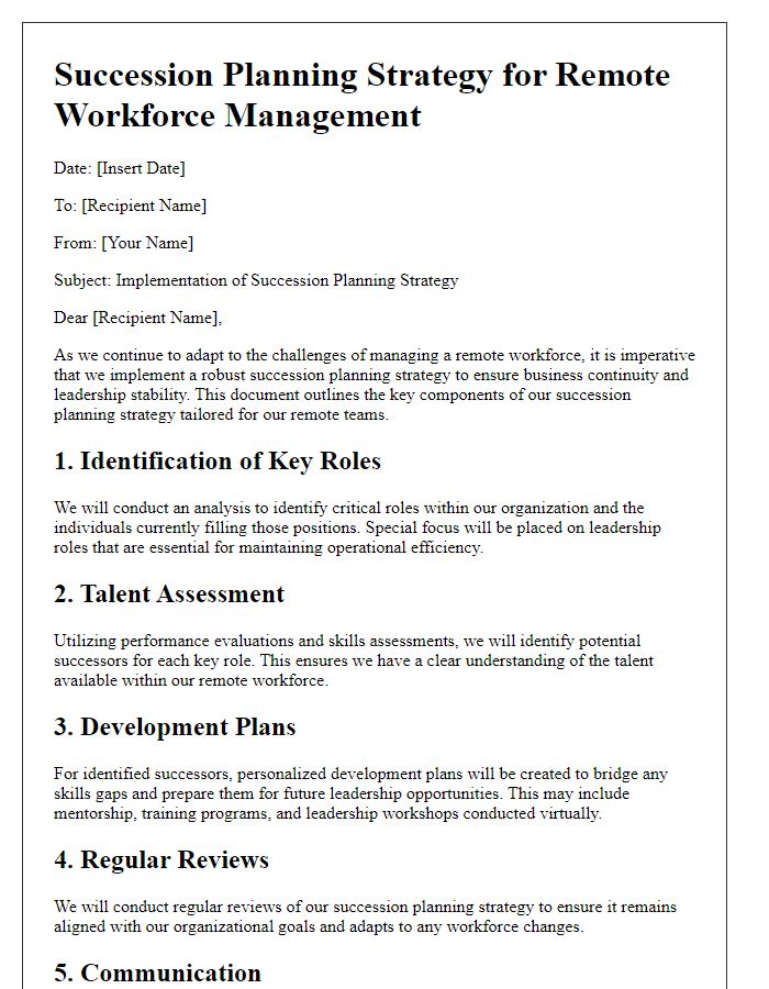 Letter template of succession planning strategy for remote workforce management