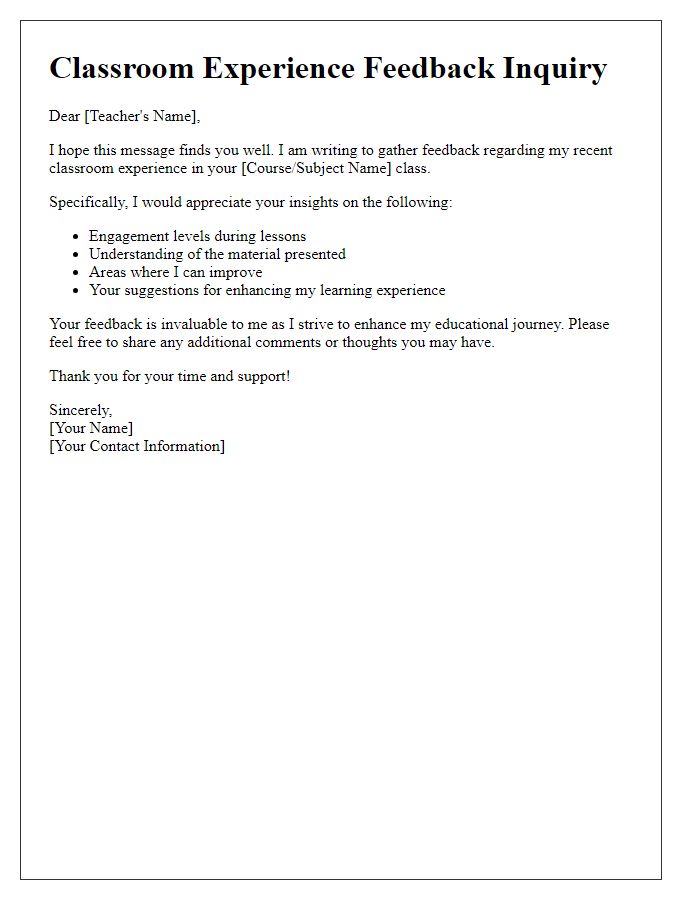 Letter template of Classroom Experience Feedback Inquiry