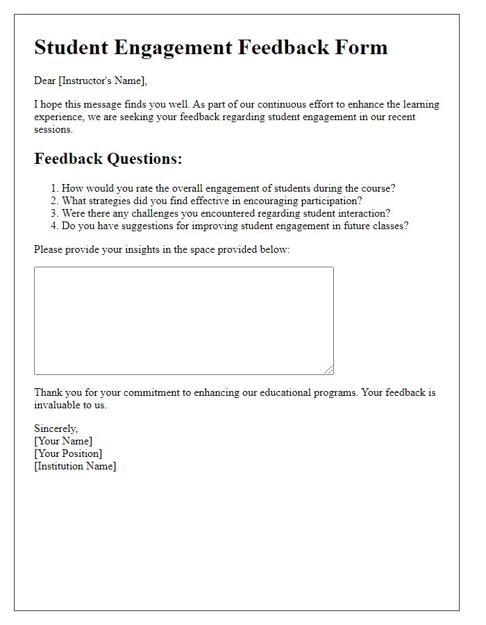 Letter template of Student Engagement Feedback Form