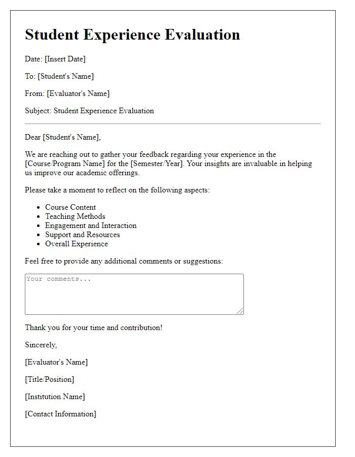 Letter template of Student Experience Evaluation