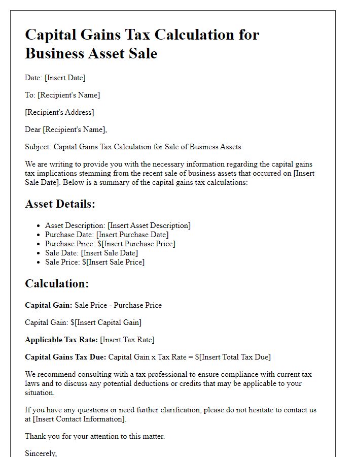 Letter template of capital gains tax calculation for business asset sales.