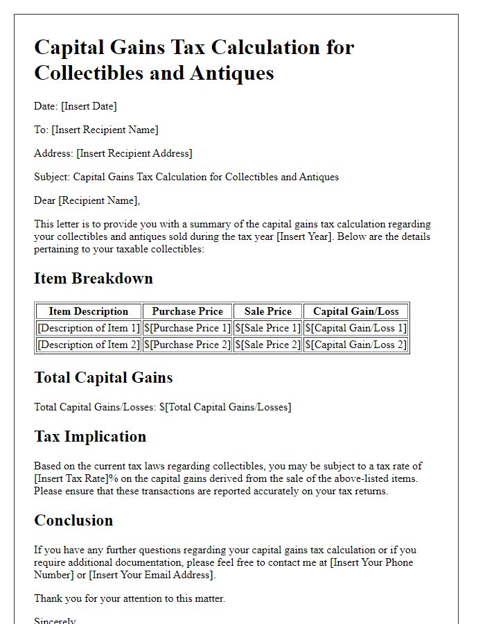 Letter template of capital gains tax calculation for collectibles and antiques.