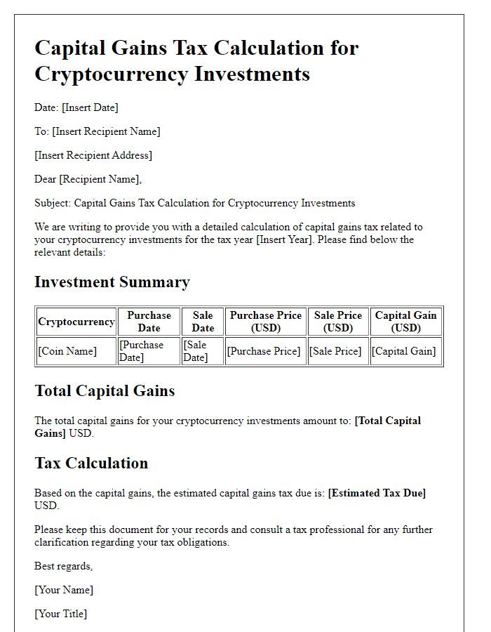 Letter template of capital gains tax calculation for cryptocurrency investments.