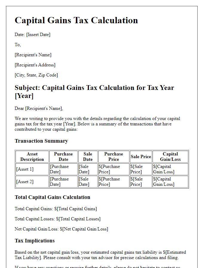 Letter template of capital gains tax calculation for individuals.